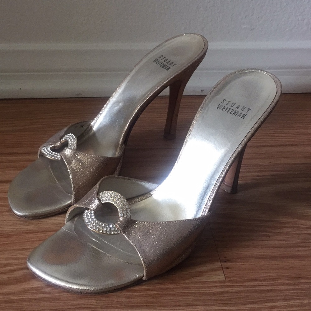 Stuart Weitzman Gold Slides with Diamond Accent